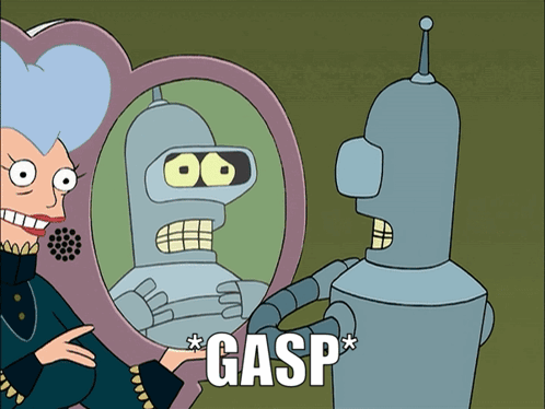 A Cartoon Of A Woman Looking At A Robot In A Heart Shaped Mirror With Gasp Written In The Corner GIF