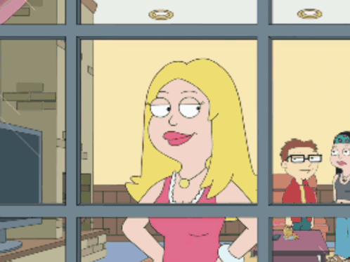 Cartoon Woman Looking Out Window With People Behind GIF