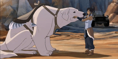A Cartoon Of A Woman Petting A Polar Bear In Front Of A Jeep GIF