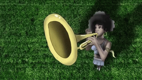 A Cartoon Of A Woman Playing A Trumpet On The Grass GIF