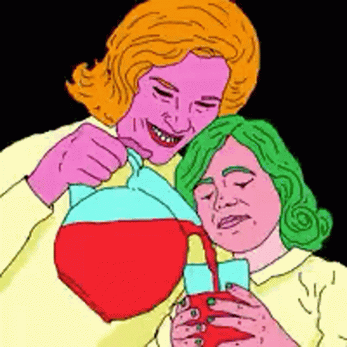 A Cartoon Of A Woman Pouring A Drink Into Another Woman 'S Cup GIF