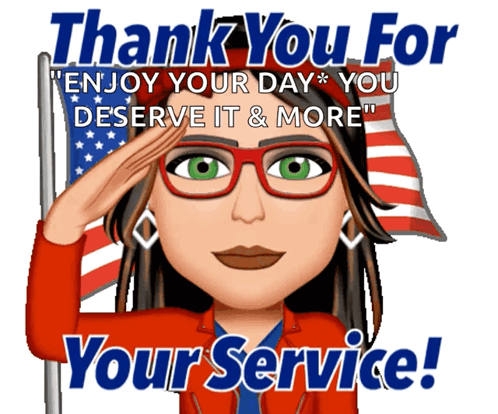 A Cartoon Of A Woman Saluting With The Words " Thank You For Your Service " Below Her GIF