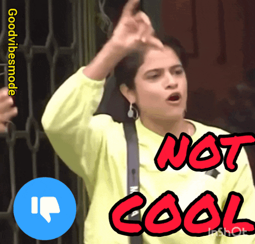 A Cartoon Of A Woman Saying " Not Cool " Next To A Blue Thumbs Down Icon GIF