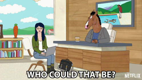 A Cartoon Of A Woman Sitting At A Desk With A Laptop And The Words Who Could That Be GIF