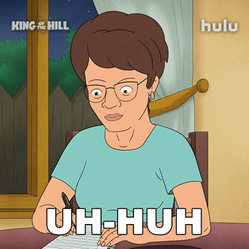 A Cartoon Of A Woman Sitting At A Desk With The Words Uh-Huh Written In White GIF