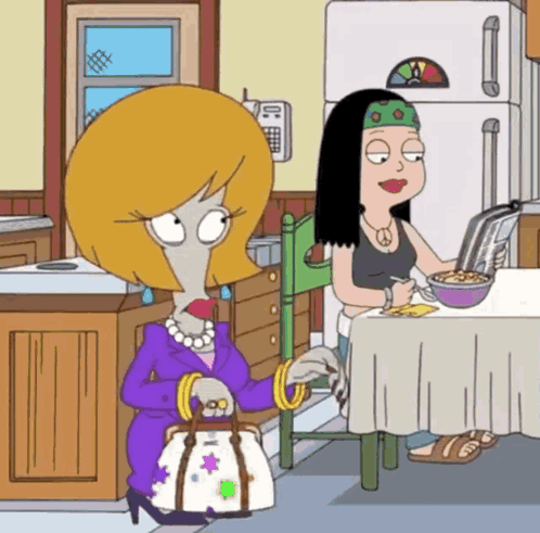 Cartoon Woman Sitting At Table Eating Cereal GIF