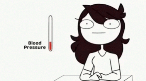 A Cartoon Of A Woman Sitting At A Table With A Blood Pressure Thermometer Behind Her . GIF