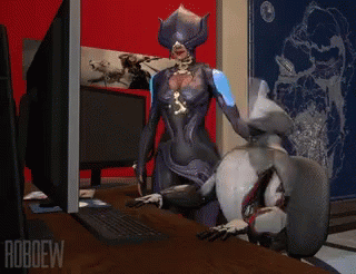 A Cartoon Of A Woman Sitting In Front Of A Computer With Roboew Written In The Corner GIF