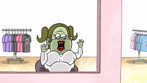 A Cartoon Of A Woman Sitting In Front Of A Mirror In A Store GIF