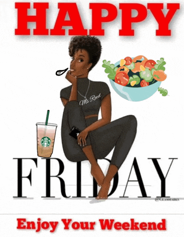 A Cartoon Of A Woman Sitting Next To A Bowl Of Salad And A Starbucks Drink GIF
