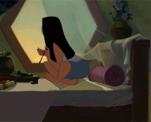 A Cartoon Of A Woman Sitting On A Bed With A Pencil In Her Hand GIF