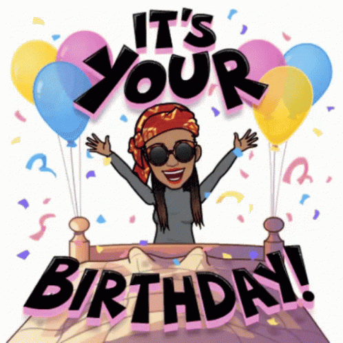A Cartoon Of A Woman Sitting On A Bed With Balloons And Confetti And The Words It 'S Your Birthday GIF