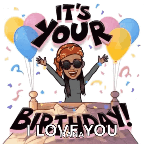 A Cartoon Of A Woman Sitting On A Bed With Balloons And Confetti Saying It 'S Your Birthday I Love You GIF