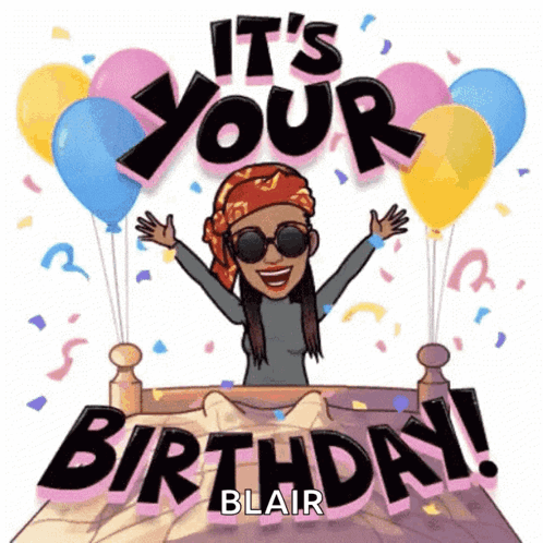A Cartoon Of A Woman Sitting On A Bed With The Words It 'S Your Birthday Blair Below Her GIF