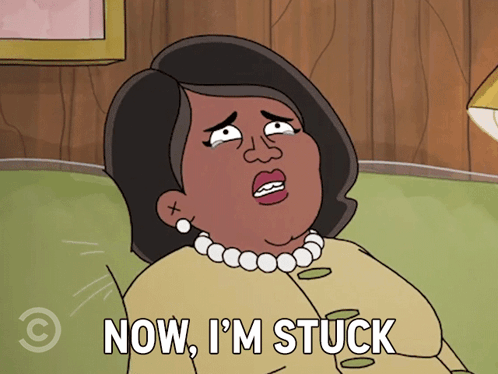 A Cartoon Of A Woman Sitting On A Couch With The Words Now I 'M Stuck Below Her GIF
