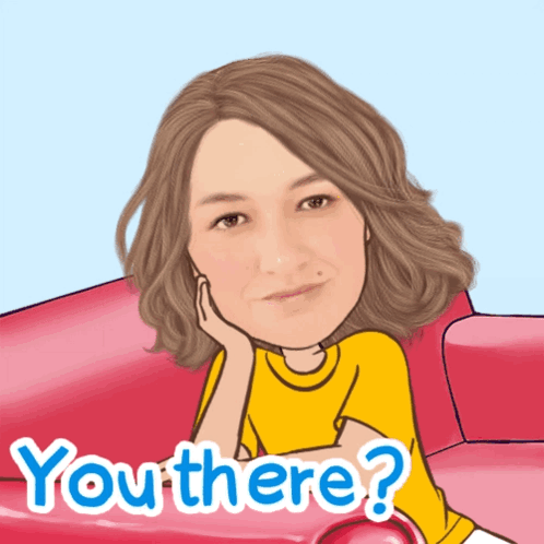 A Cartoon Of A Woman Sitting On A Pink Couch With The Words " You There " Written Below Her GIF