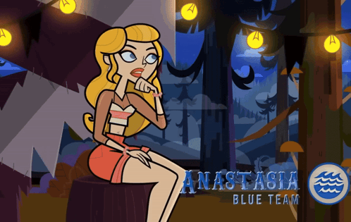 A Cartoon Of A Woman Sitting On A Stump With Anastasia Blue Team Written On The Bottom Right GIF