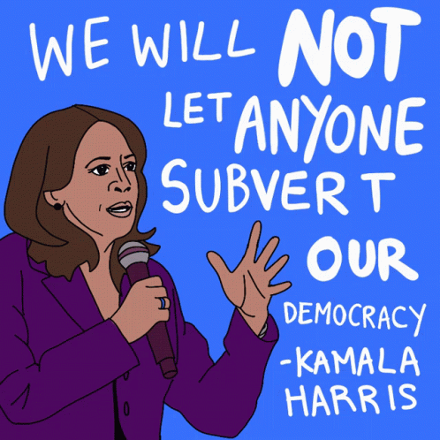 A Cartoon Of A Woman Speaking Into A Microphone With The Words We Will Not Let Anyone Subvert Our Democracy GIF