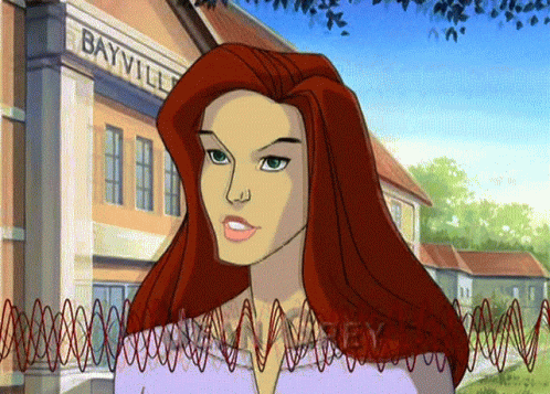 A Cartoon Of A Woman Standing In Front Of A Building That Says Bayville GIF