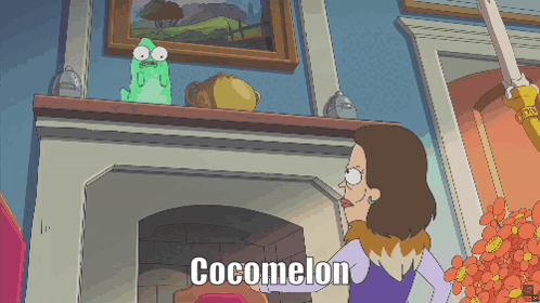 a cartoon of a woman standing in front of a fireplace with the words cocomelon written on the bottom