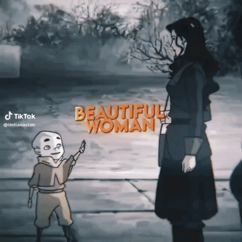 A Cartoon Of A Woman Standing Next To A Little Boy With The Words Beautiful Woman Written Above Them GIF