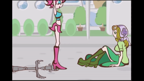 A Cartoon Of A Woman Standing Next To Another Woman Who Is Laying On The Ground GIF