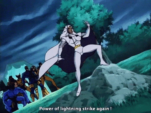 A Cartoon Of A Woman Standing On A Hill With The Words Power Of Lightning Strike Again Below Her GIF