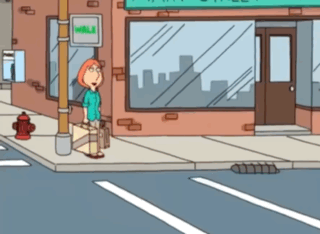 A Cartoon Of A Woman Standing On A Sidewalk In Front Of A Store Called Walk GIF