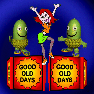 A Cartoon Of A Woman Standing On Top Of A Good Old Days Sign GIF