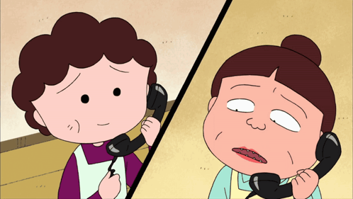A Cartoon Of A Woman Talking On A Phone Next To Another Woman GIF