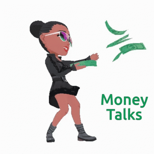A Cartoon Of A Woman Throwing Money With The Words Money Talks Below GIF