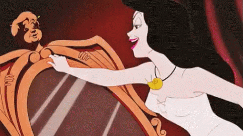 A Cartoon Of A Woman Touching A Mirror With A Man In The Background . GIF