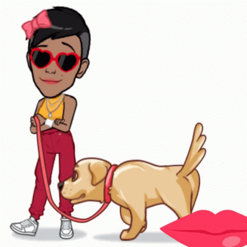 A Cartoon Of A Woman Walking A Dog With Music Notes Coming Out Of Her Mouth GIF