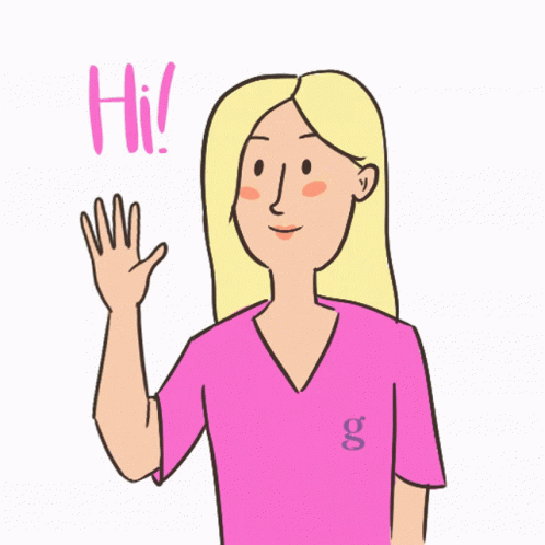 A Cartoon Of A Woman Waving Her Hand With The Word Hi Written Above Her GIF