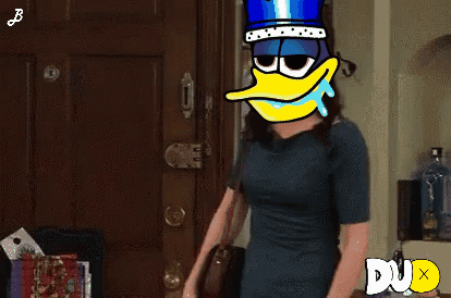 Woman Wearing Blue Crown And Duck Mask With Dub Text GIF