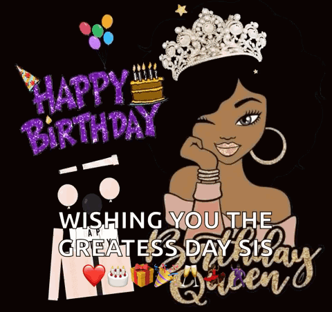 A Cartoon Of A Woman Wearing A Crown And A Birthday Cake With The Words `` Wishing You The Greatest Days Of Your Life '' GIF