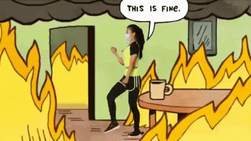 A Cartoon Of A Woman Wearing A Face Mask Standing In Front Of A Fire Saying This Is Fine . GIF