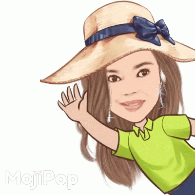 A Cartoon Of A Woman Wearing A Hat And A Green Shirt Says Mojipop GIF