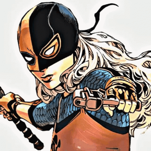A Cartoon Of A Woman Wearing A Mask And Holding A Sword GIF