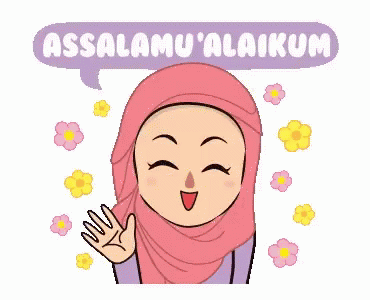 A Cartoon Of A Woman Wearing A Pink Hijab Waving Her Hand And Saying Assalamu 'Alaikum . GIF