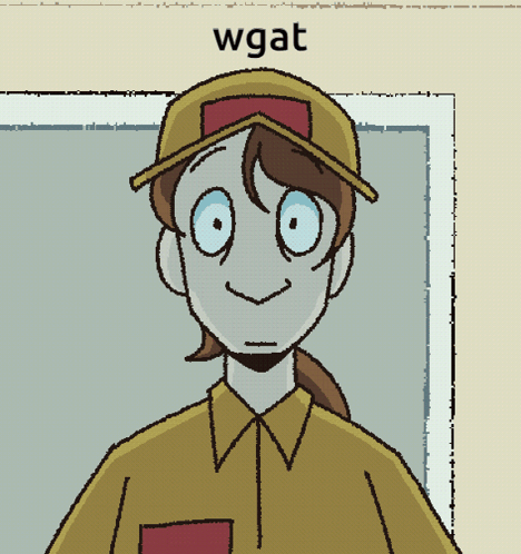 A Cartoon Of A Woman Wearing A Yellow Hat With The Word Wgat On The Bottom Right GIF