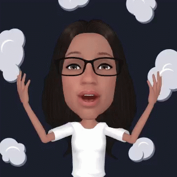 A Cartoon Of A Woman Wearing Glasses With Her Hands In The Air GIF