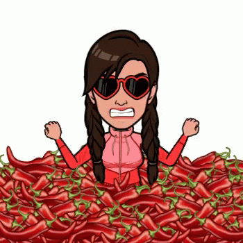 A Cartoon Of A Woman Wearing Heart Shaped Sunglasses Surrounded By Red Peppers GIF