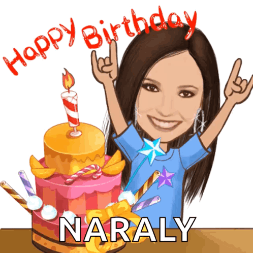 A Cartoon Of A Woman With A Birthday Cake And The Name Naraly On The Bottom GIF