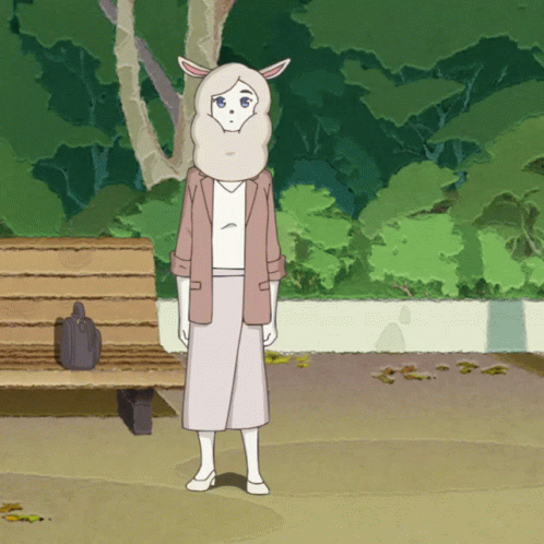 A Cartoon Of A Woman With A Sheep 'S Head Standing Next To A Bench GIF