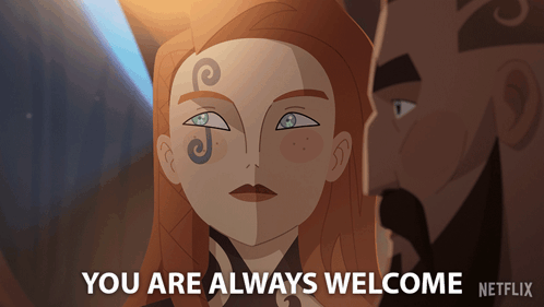 Cartoon Woman With Face Tattoo Saying You Are Always Welcome GIF