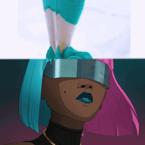 A Cartoon Of A Woman With Blue Hair And Pink Hair Wearing Futuristic Glasses GIF