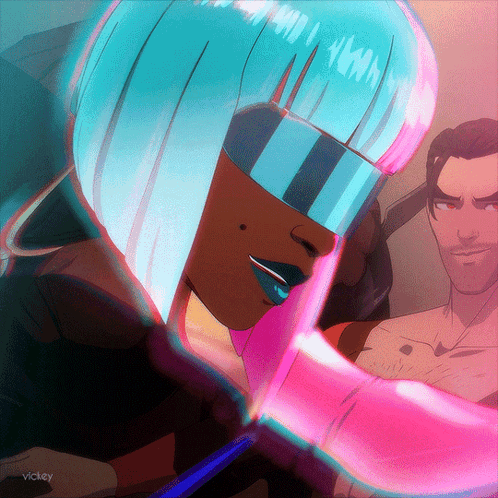 A Cartoon Of A Woman With Blue Hair And The Name Vickey On The Bottom Right GIF