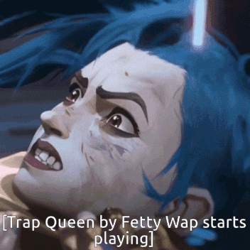 A Cartoon Of A Woman With Blue Hair With The Caption Trap Queen By Fetty Wap Starts Playing GIF