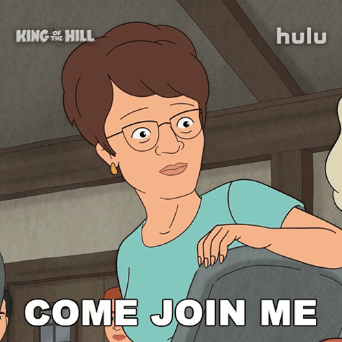 A Cartoon Of A Woman With Glasses And The Words Come Join Me GIF
